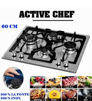 Plaque De Cuisson À Gaz Encastrable Inox Premium 4 Feux 60 Cm Grilles En Fonte Renforcée Allumage Electrique